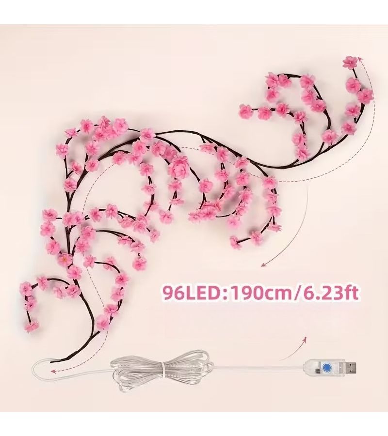 96 مصباح LED على شكل أغصان أزهار الكرز على شكل كرمة، بطول 8 أمتار، تعمل بالطاقة عبر USB، مع 8 أوضاع إضاءة. - Image 4