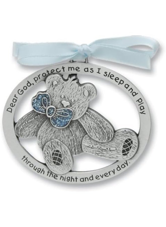 CA Sweet Teddy Bear Crib Medal for Baby Boy Crib Medal with Verse 2-1/2" Pewter Finish - Christening/Shower Gift/Baptism Keepsake/with Blue Ribbon- Infant - Newborn