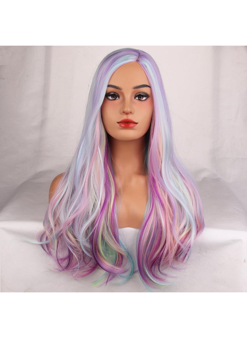 MAGQOO - MAGQOO Rainbow Wig for Women Multi Color Wig Long Curly Wavy Colorful Wig Side Part Cosplay Costume Party Wig - Image 1