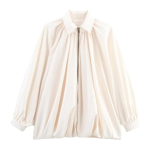 Xunger Women's Puffed Bomber Jacket Oversized Streetwear Casual Batwing Sleeve Lapel Collar Zip Front Pleated Shirts(1036-01Beige-M-RD) - Image 1