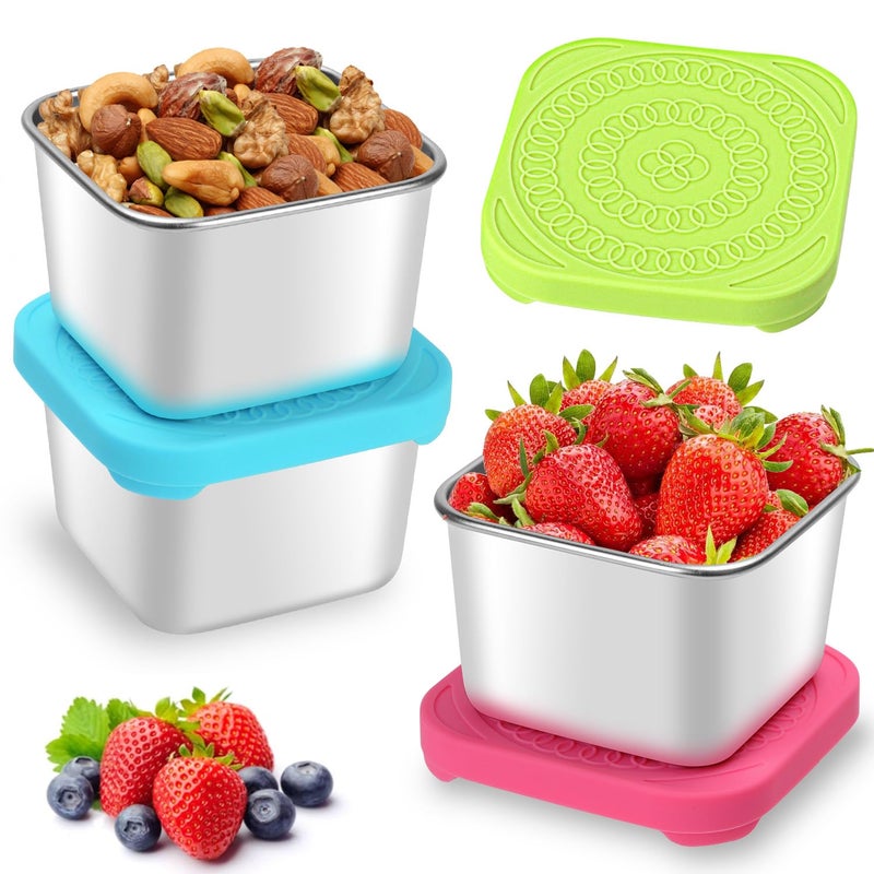 3Pcs Small Food Containers To Go Leakproof Food Storage Containers Stackable Snack boxes Tubs Reusable Metal Stainless Steel Storage Containers with Silicone Lids for kidsSchoolTravelBPAFree6Oz