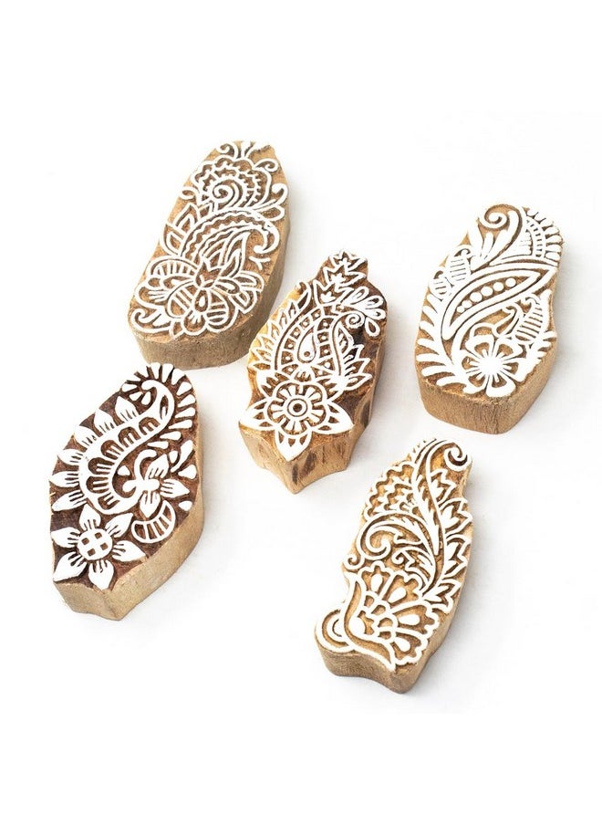 Hashcart Wooden Indian Traditional Design Printing Stamps | Set Of 5 | Blocks For Printing Saree Border/Dresses/Craft Card Making/Scrapbook/Clay Pottery  - Image 1