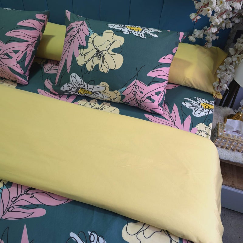 Golden Bed King Size 230 * 240 Cotton Amreya Luxury Quilt Cover (Green Floral in Pink) - Image 3