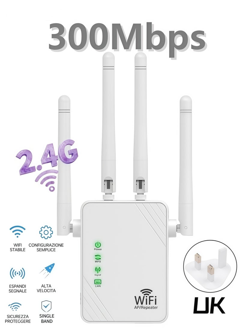 300Mbps Wireless WiFi Repeater, 2.4G Single Band Wireless WiFi Range Extender, 4 Antenna Wireless Signal Booster, Router Extender, Plug And Play - White - Image 1
