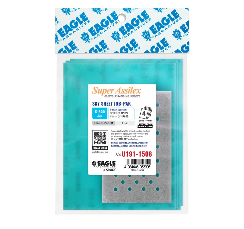 Eagle Abrasives Super Assilex Flexible Sanding Sheets Job-PAK, Sky K-600, U191-1508, 4 Sheets + 1 M Hand Pad for Half Sheets - Image 1