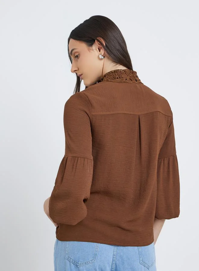 Styli Styli Lace Collar Placket Detail Relaxed Fit Shirt