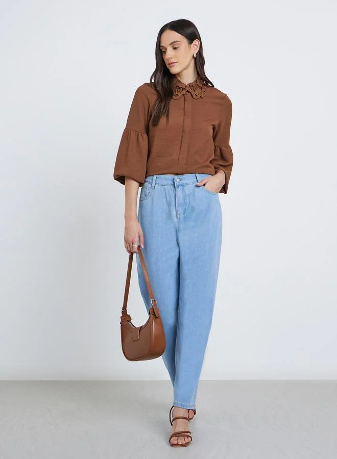 Styli Styli Lace Collar Placket Detail Relaxed Fit Shirt