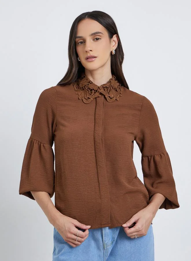 Styli Styli Lace Collar Placket Detail Relaxed Fit Shirt