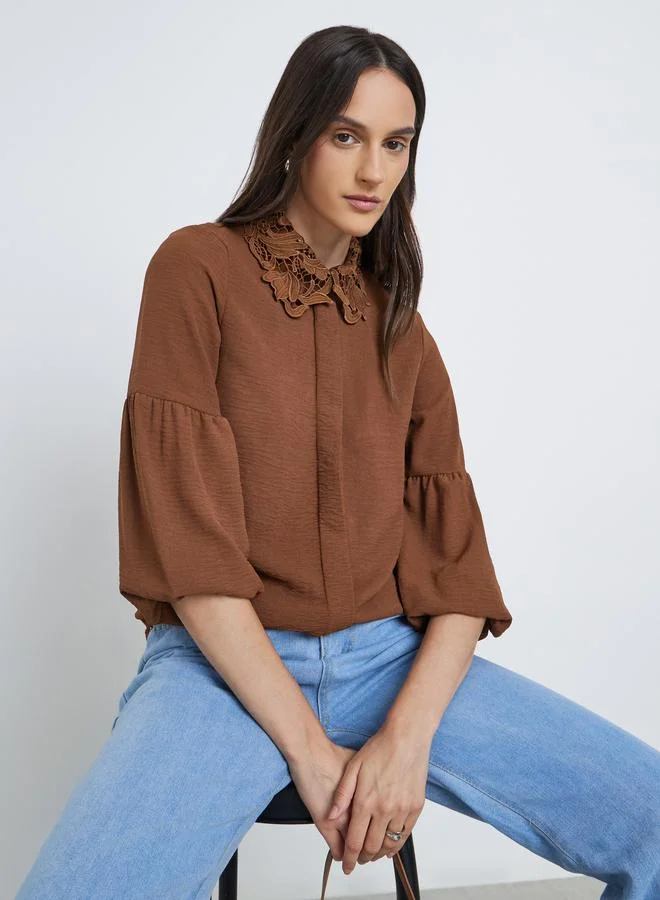 Styli Styli Lace Collar Placket Detail Relaxed Fit Shirt