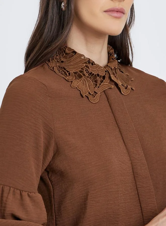 Styli Styli Lace Collar Placket Detail Relaxed Fit Shirt