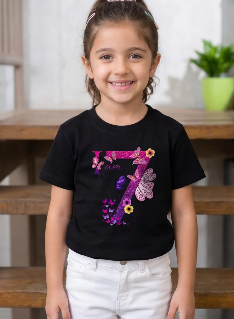 Funkaar Funkaar Birthday Girl, 7th Year Butterfly Birthday Graphic Print T-Shirt