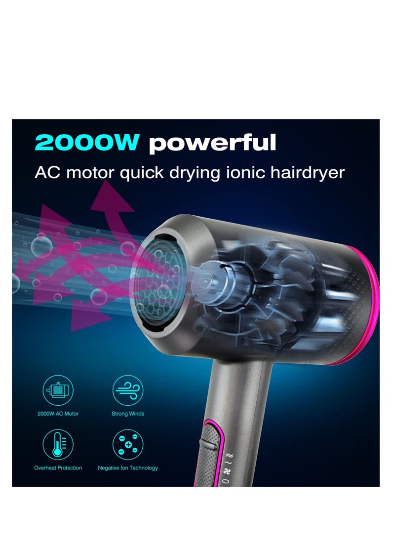 Y&D Professional Hair Dryer, 2000W Powerful Ionic Hairdryer with Diffuser Blow Dryer 2 Speeds, 3 Heating and Cool Button for Women Man Home Travel Salon Curly Straight  - Image 3