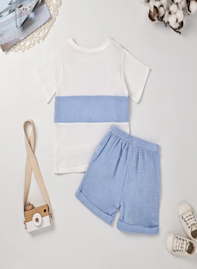 ODIMAME 3T Boy Clothes Toddler Boy Outfits Patchwork T-Shirt Pocket Short Pants Set Blue 3-4 Years - Image 3