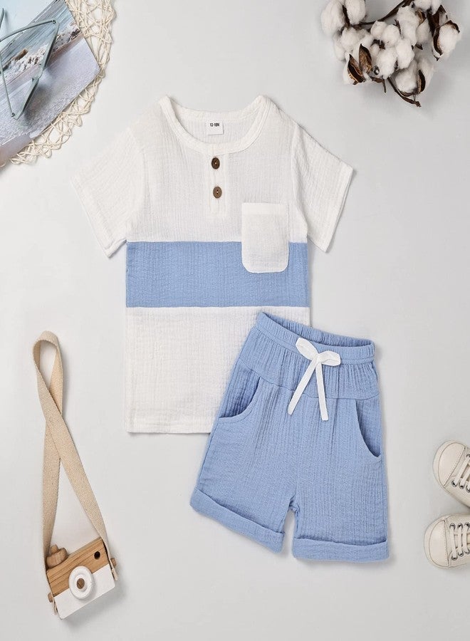 ODIMAME 3T Boy Clothes Toddler Boy Outfits Patchwork T-Shirt Pocket Short Pants Set Blue 3-4 Years - Image 2