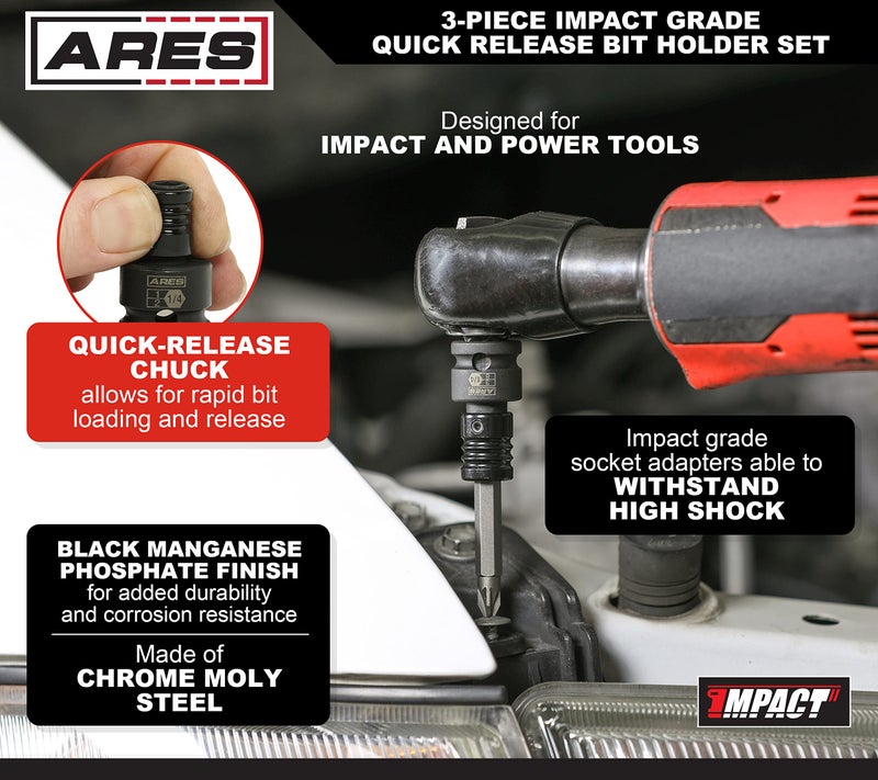 ARES 22035 – 3-Piece Impact Grade Quick Release Bit Holder Set – 1/4-Inch, 3/8-Inch, and 1/2-Inch Drive - Compatible With 1/4-Inch Hex Shank Bits - Quick Release Mechanism for Rapid Attach and Release - Image 3