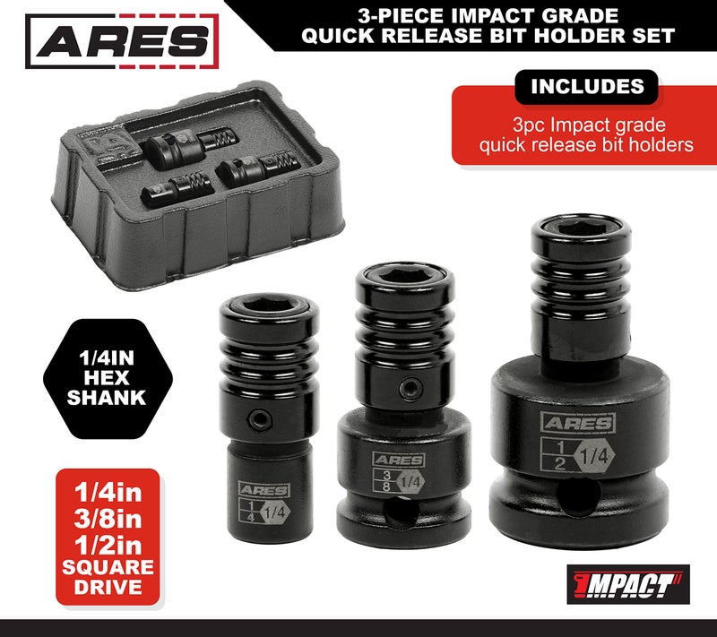 ARES 22035 – 3-Piece Impact Grade Quick Release Bit Holder Set – 1/4-Inch, 3/8-Inch, and 1/2-Inch Drive - Compatible With 1/4-Inch Hex Shank Bits - Quick Release Mechanism for Rapid Attach and Release - Image 2