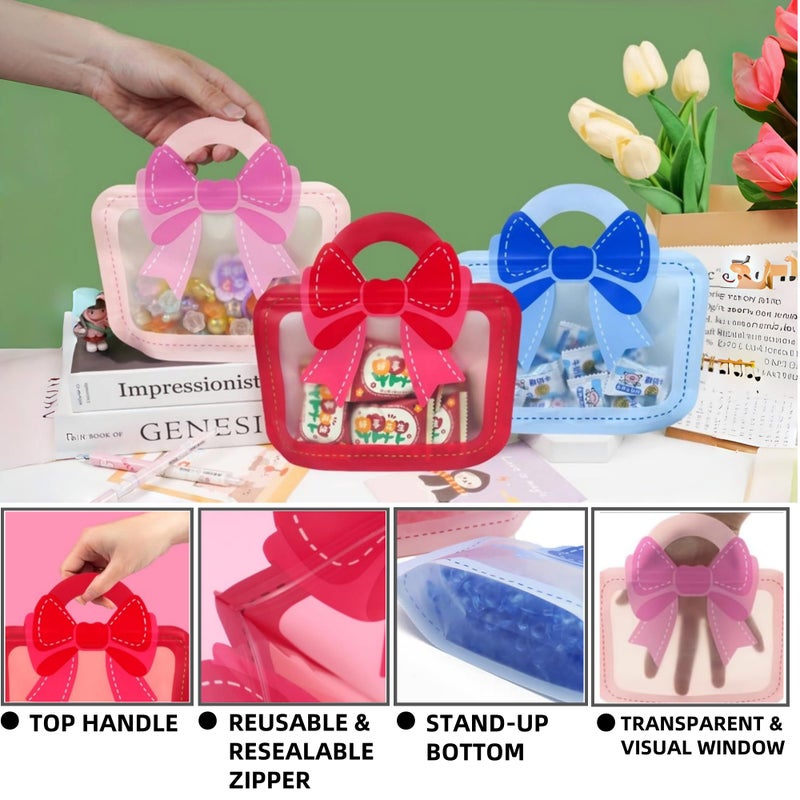 MITOB 30 Pack 3 Colors Strong Plastic Goodies Bags Clear Resealable Stand Up Bottom Goody Bag with Handle Cute Treat Closure Candy Snack Bulk Food Storage Baggies for Party Favor (Usable 9.84x5.9 inch) - Image 2