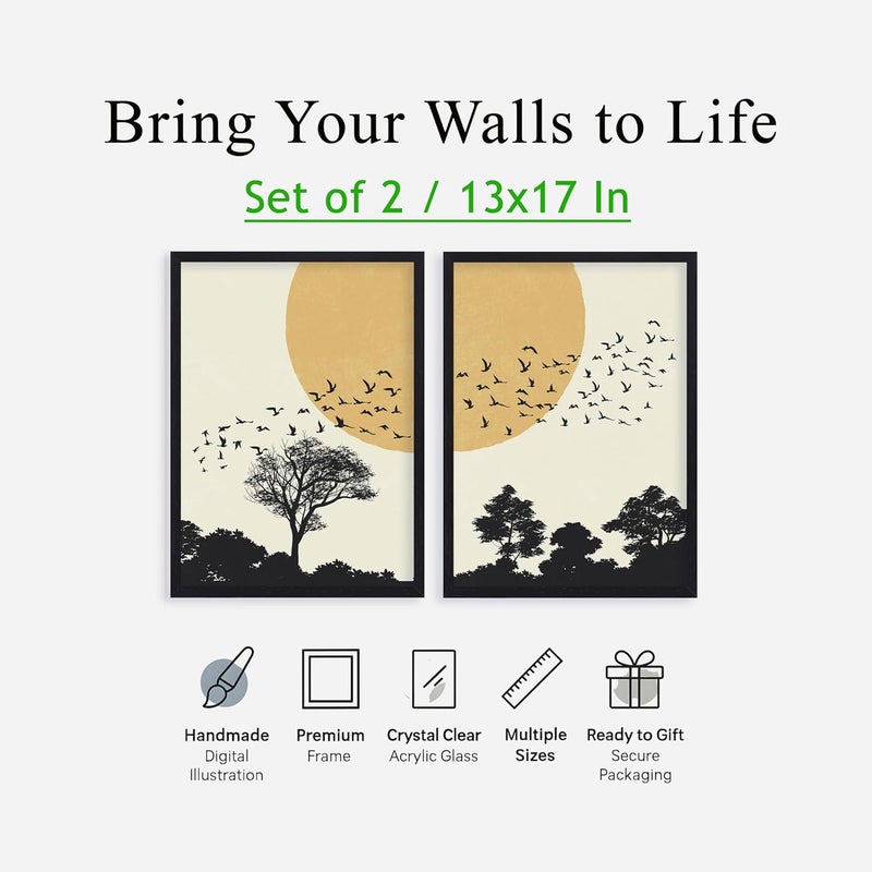 QUOTE - UNQUOTE ART Framed Wall Set of 2 Landscape Forest Birds Abstract Wall Painting 34x44 cm Black Frame - Image 3
