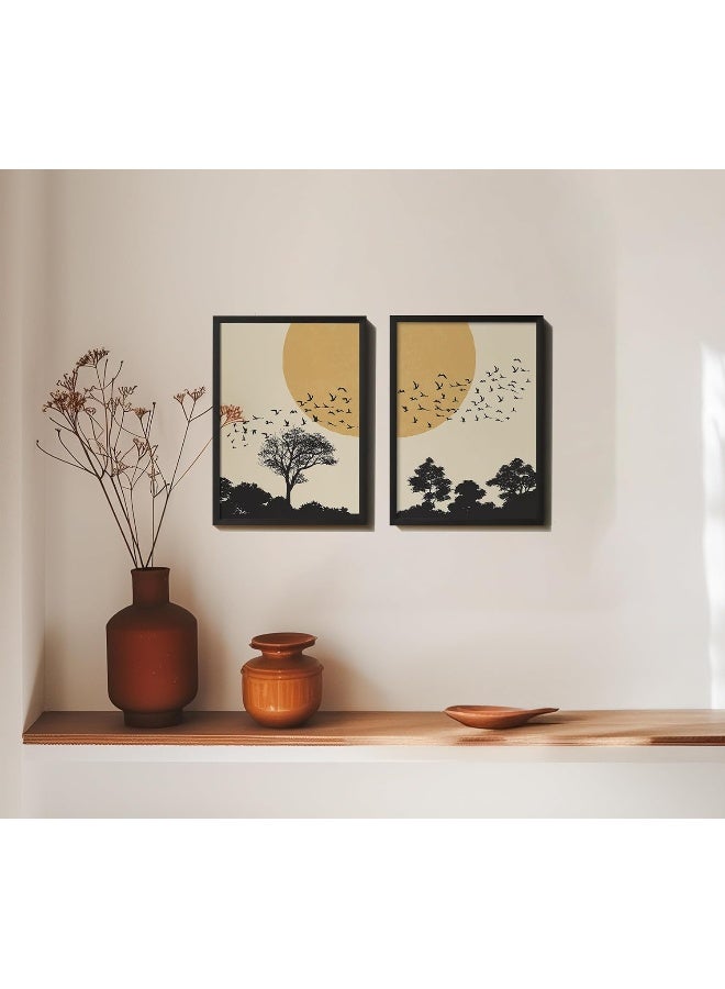 QUOTE - UNQUOTE ART Framed Wall Set of 2 Landscape Forest Birds Abstract Wall Painting 34x44 cm Black Frame - Image 1