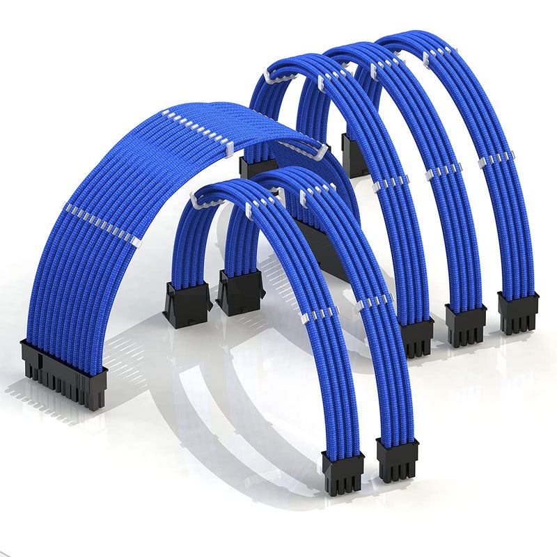 LINKUP - AVA 50cm PSU Cable Extension Sleeved Custom Mod GPU PC Braided w/Comb Kit - Compatible with RTX3090 | 1 x 24 P (20+4) | 2 x 8 P (4+4) CPU | 3 x 8 P (6+2) GPU Set | 500mm - Blue - Image 1
