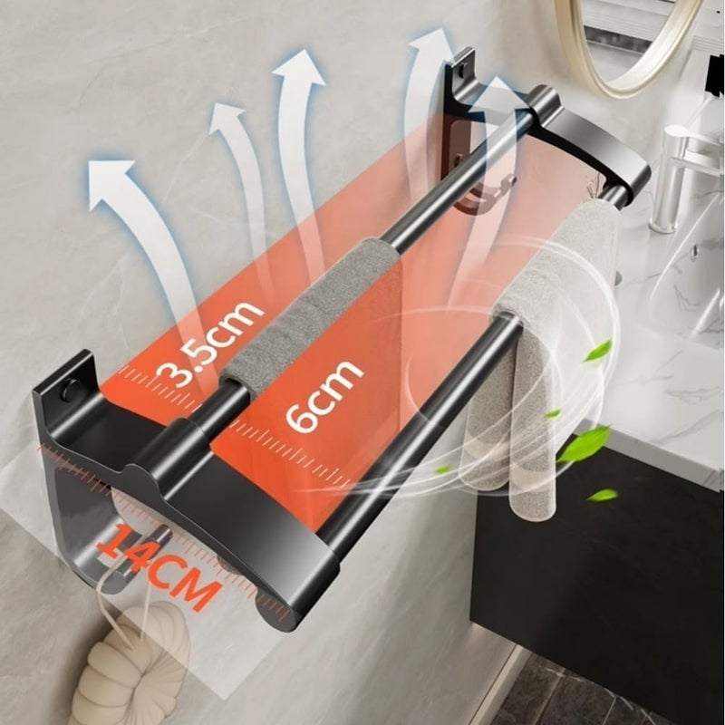 Shower Shelf Bath Towel Bar, Thicken Aluminum Towel Hanger with 2 Towel Rods and 2 Hooks, Wall Mounted Towel Rack Hanger No Drilling Towel Bar, 3 Colors Shower Shelves(Black,40cm) - Image 4