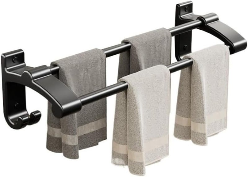 Shower Shelf Bath Towel Bar, Thicken Aluminum Towel Hanger with 2 Towel Rods and 2 Hooks, Wall Mounted Towel Rack Hanger No Drilling Towel Bar, 3 Colors Shower Shelves(Black,40cm) - Image 1