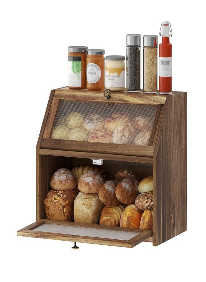 STDDRE Bread Box for Kitchen Countertop Large Double-Layer Wooden Corner Bread Box Farmhouse Bread Storage Bin Acacia Wood (Brown, Large) - Image 1