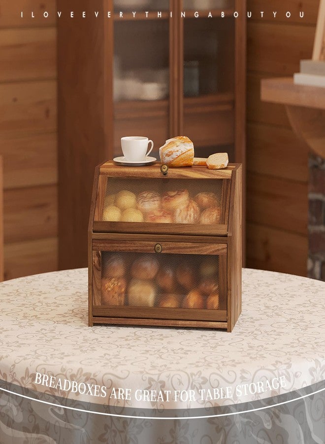STDDRE Bread Box for Kitchen Countertop Large Double-Layer Wooden Corner Bread Box Farmhouse Bread Storage Bin Acacia Wood (Brown, Large) - Image 5