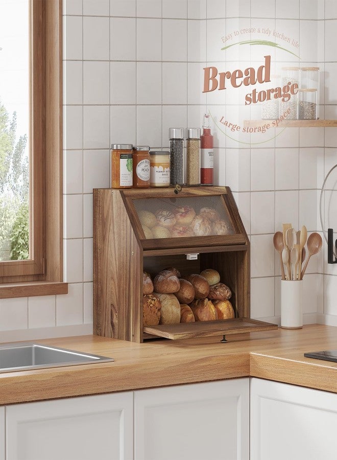 STDDRE Bread Box for Kitchen Countertop Large Double-Layer Wooden Corner Bread Box Farmhouse Bread Storage Bin Acacia Wood (Brown, Large) - Image 3