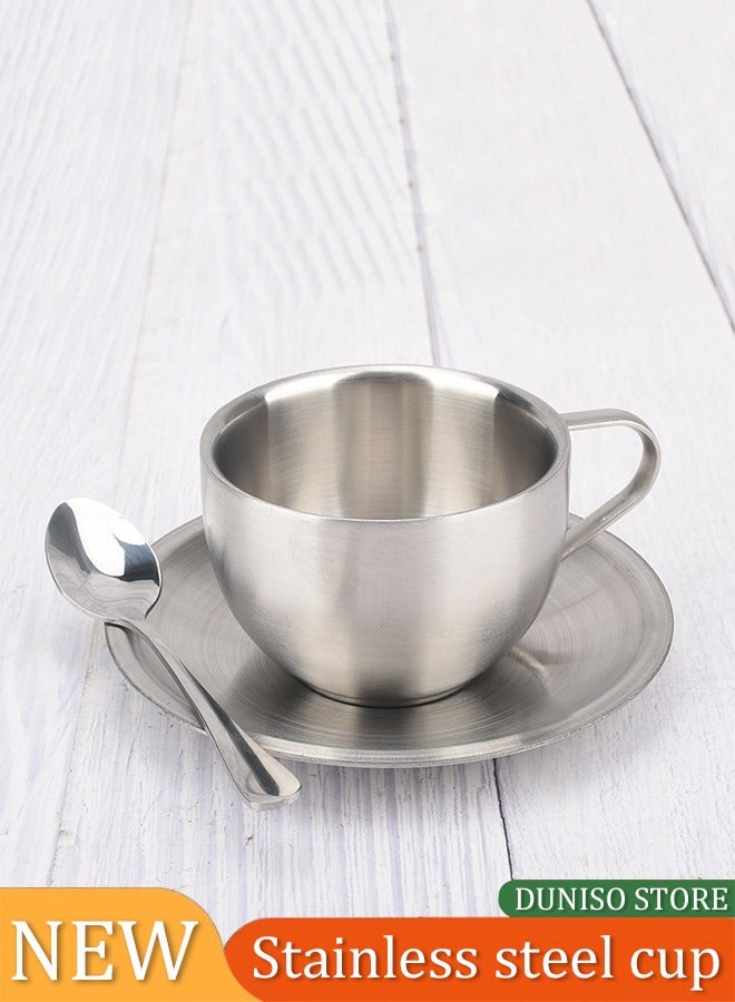 DUNISO Coffee Cup Set, Stainless Steel Espresso Cup, Portable Frosted Tea Cup，With Plate And Spoon, Used For Latte, Cappuccino, Milk, Tea, 180ml, 8 * 5.5cm, Silver - Image 1