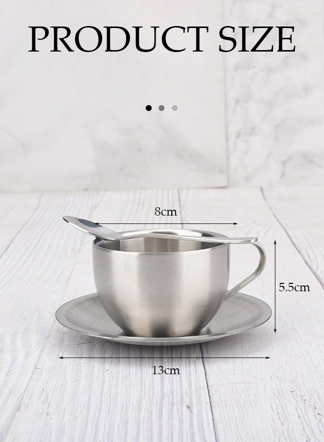 DUNISO Coffee Cup Set, Stainless Steel Espresso Cup, Portable Frosted Tea Cup，With Plate And Spoon, Used For Latte, Cappuccino, Milk, Tea, 180ml, 8 * 5.5cm, Silver - Image 2