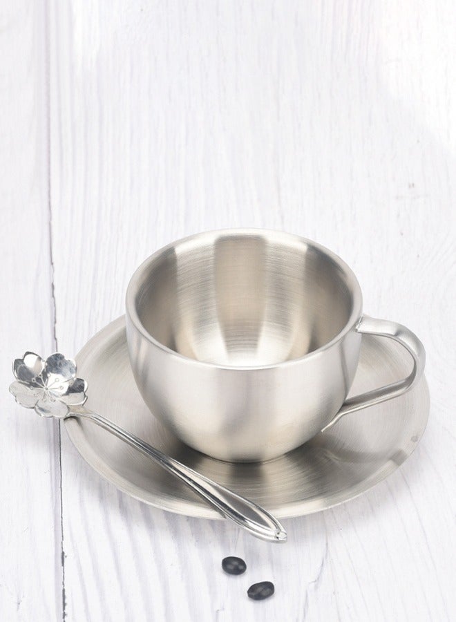 DUNISO Coffee Cup Set, Stainless Steel Espresso Cup, Portable Frosted Tea Cup，With Plate And Spoon, Used For Latte, Cappuccino, Milk, Tea, 180ml, 8 * 5.5cm, Silver - Image 4