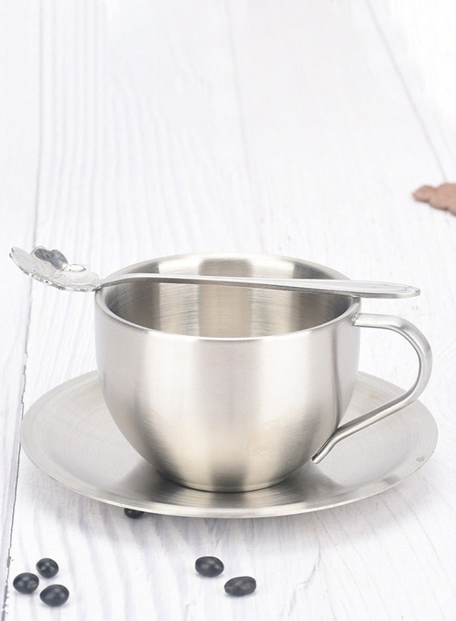 DUNISO Coffee Cup Set, Stainless Steel Espresso Cup, Portable Frosted Tea Cup，With Plate And Spoon, Used For Latte, Cappuccino, Milk, Tea, 180ml, 8 * 5.5cm, Silver - Image 5