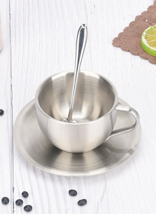 DUNISO Coffee Cup Set, Stainless Steel Espresso Cup, Portable Frosted Tea Cup，With Plate And Spoon, Used For Latte, Cappuccino, Milk, Tea, 180ml, 8 * 5.5cm, Silver - Image 3