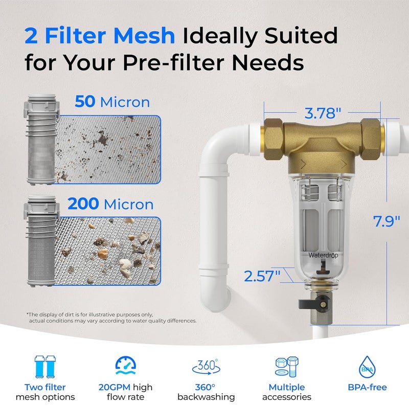 Waterdrop Spin Down Sediment Filter, Backwash Whole House Water Filter System for Well Water, 50 Micron+200 Micron, 1" MNPT + 3/4" FNPT + 3/4" MNPT, Traps Sand, BPA Free - Image 2