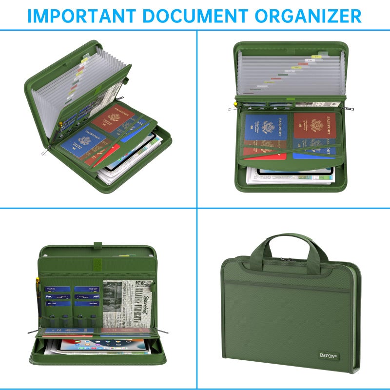 ENGPOW Accordion File Organizer,Fireproof Expanding File Folder with Multi Pockets,13 Pockets Document Organizer with Handle & Labels,Portable Home Travel Safe Storage for Letter A4 Files,Green - Image 4