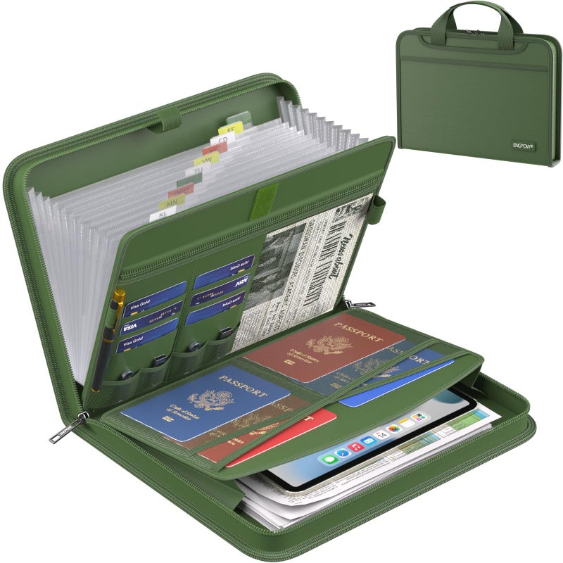 ENGPOW Accordion File Organizer,Fireproof Expanding File Folder with Multi Pockets,13 Pockets Document Organizer with Handle & Labels,Portable Home Travel Safe Storage for Letter A4 Files,Green - Image 1