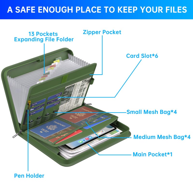 ENGPOW Accordion File Organizer,Fireproof Expanding File Folder with Multi Pockets,13 Pockets Document Organizer with Handle & Labels,Portable Home Travel Safe Storage for Letter A4 Files,Green - Image 5