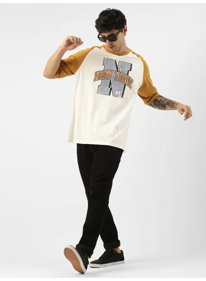 Maniac Mens Printed Round Neck Ragalan 3/4th Sleeve White and Yellow Cotton Oversized Tshirt