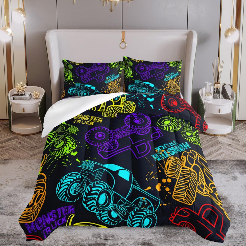 QOOMO Truck Comforter Set for Kids Teens Boys,Neon Truck Kids Bedding,1 Comforter with 2 Pillowcase, Microfiber 3 Piece Bedding Set,Soft and Lightweight(Blackï¼ŒTwin Size) - Image 2