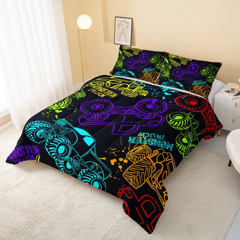 QOOMO Truck Comforter Set for Kids Teens Boys,Neon Truck Kids Bedding,1 Comforter with 2 Pillowcase, Microfiber 3 Piece Bedding Set,Soft and Lightweight(Blackï¼ŒTwin Size) - Image 3