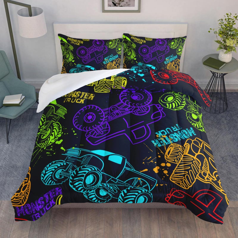 QOOMO Truck Comforter Set for Kids Teens Boys,Neon Truck Kids Bedding,1 Comforter with 2 Pillowcase, Microfiber 3 Piece Bedding Set,Soft and Lightweight(Blackï¼ŒTwin Size) - Image 1