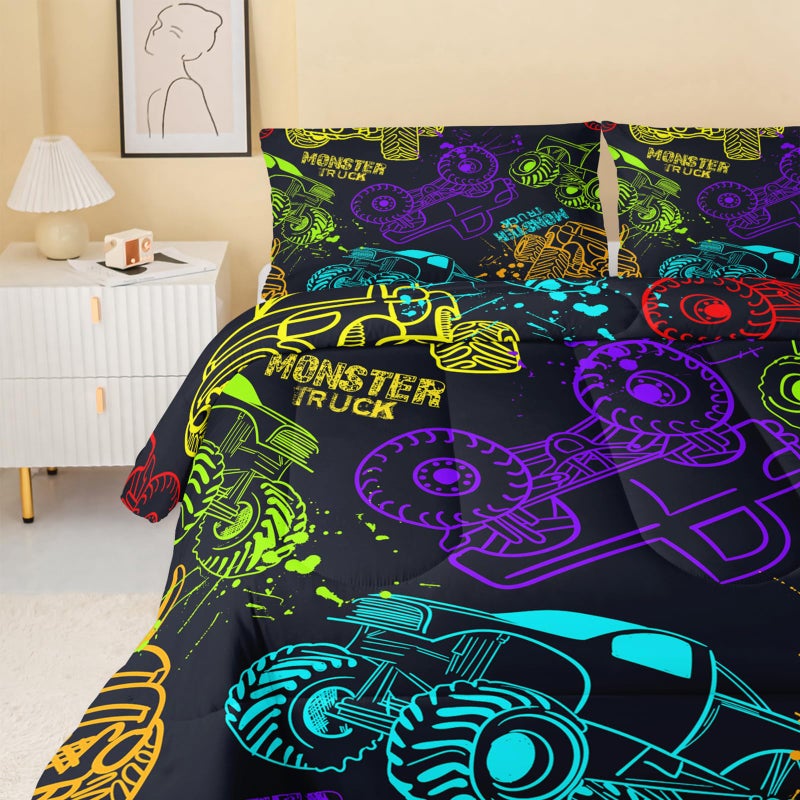 QOOMO Truck Comforter Set for Kids Teens Boys,Neon Truck Kids Bedding,1 Comforter with 2 Pillowcase, Microfiber 3 Piece Bedding Set,Soft and Lightweight(Blackï¼ŒTwin Size) - Image 4