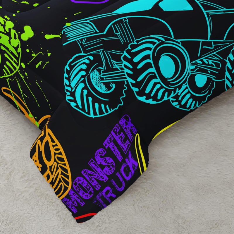 QOOMO Truck Comforter Set for Kids Teens Boys,Neon Truck Kids Bedding,1 Comforter with 2 Pillowcase, Microfiber 3 Piece Bedding Set,Soft and Lightweight(Blackï¼ŒTwin Size) - Image 5