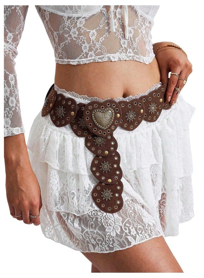 MakeMeChic Women's Cowboy Chic Western Wide Waist Belt Leather Rivet Cowgirl Disc Belts for Dress Brown One Size