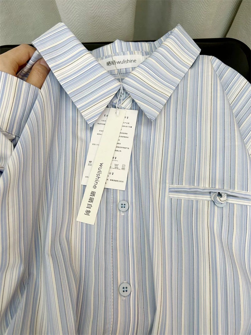 Blue Striped Shirt Womens Spring and Autumn New French Niche Unique Shirt Hong Kong Flavor Chic Design Niche Top Stripes