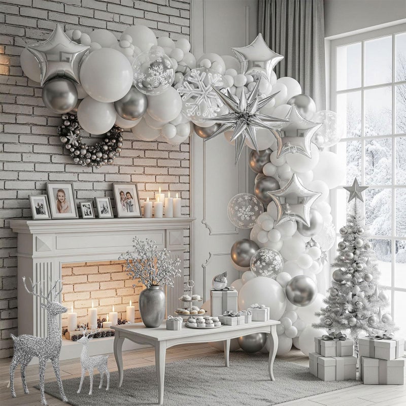kozee Winter Wonderland decorations with Pearl White Silver Balloon Garland Arch & Foil Star balloons Artificial Snowflakes for onederland 1st birthday white Christmas new year party decorations - Image 1