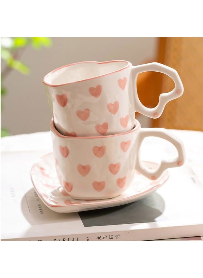 WAIT FLY Heart Shaped Ceramic Coffee Mug Set with Saucer, Tea Cup, Breakfast Cup, Dessert Plate-Pink-8 OZ - Image 5