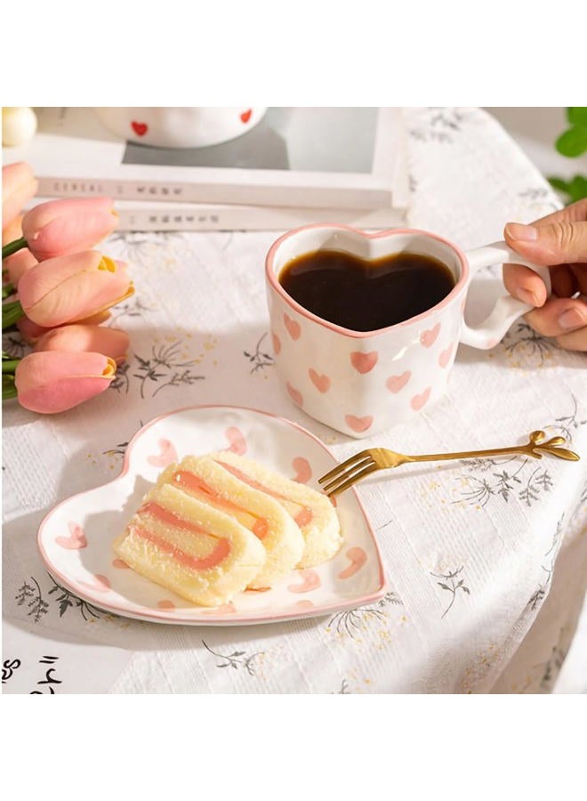 WAIT FLY Heart Shaped Ceramic Coffee Mug Set with Saucer, Tea Cup, Breakfast Cup, Dessert Plate-Pink-8 OZ - Image 3
