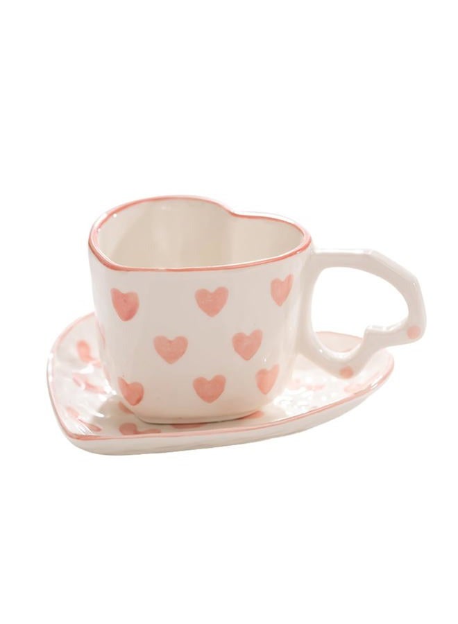 WAIT FLY Heart Shaped Ceramic Coffee Mug Set with Saucer, Tea Cup, Breakfast Cup, Dessert Plate-Pink-8 OZ - Image 1